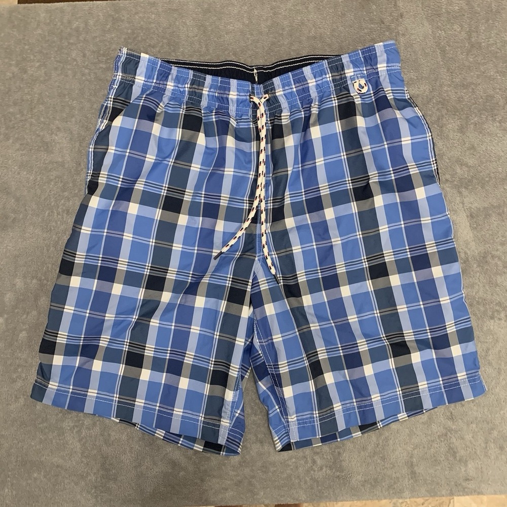 Land's End Swim Trunks Men's Medium 32-33 Blue Plaid Shorts Drawstring